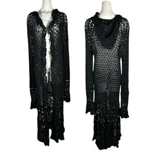 Handmade Crochet Long Gothic Black Hooded Duster Open Cardigan Bell Sleeves